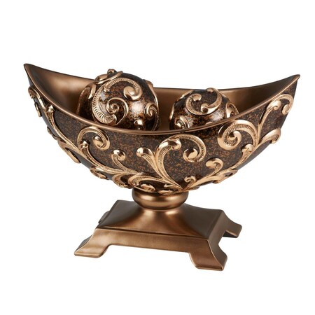 Palacedesigns 11 in. Polyresin Decorative Bowl with Orbs, Brown & Gold PA3101565